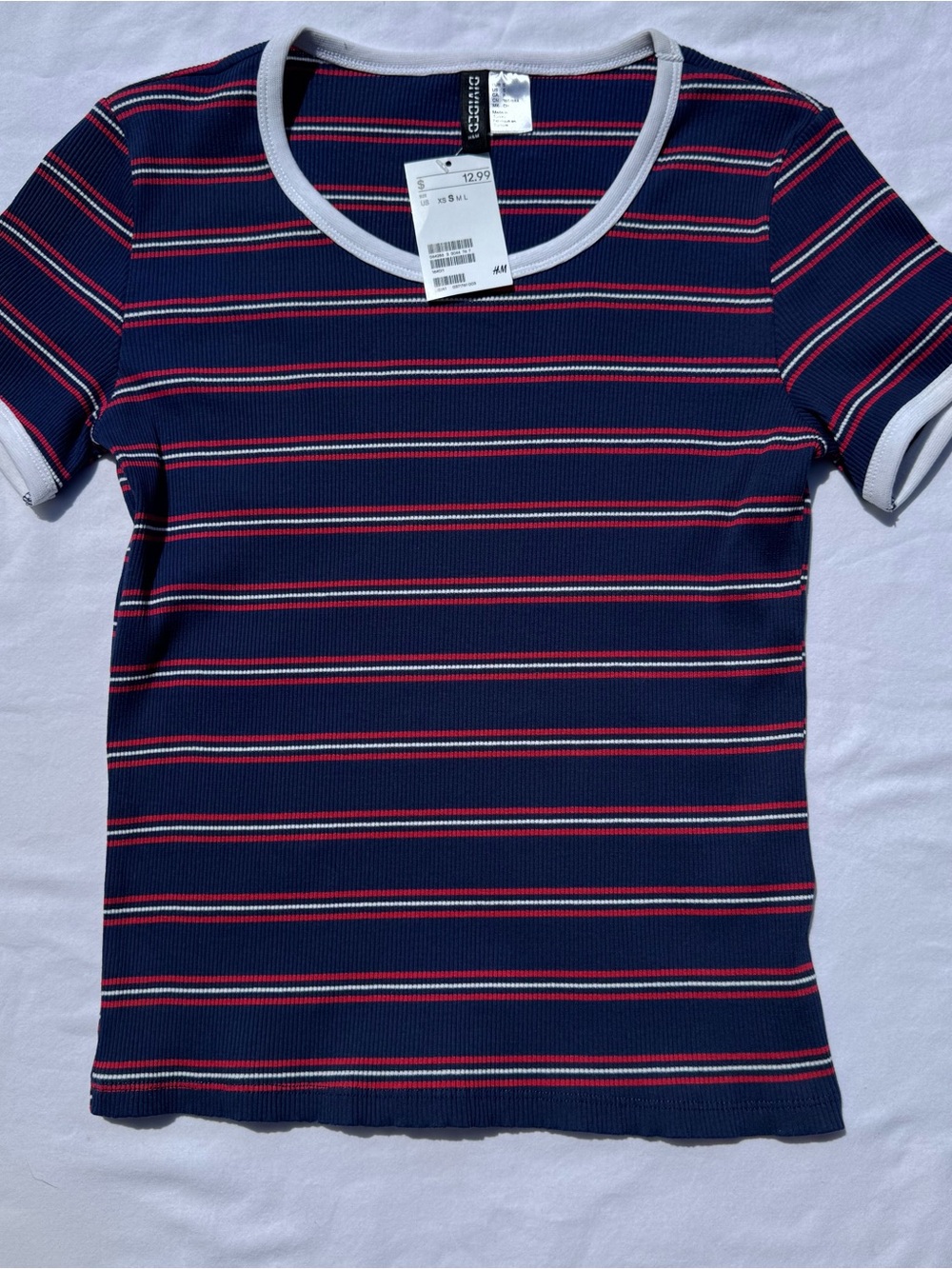 H&M Navy Short Sleeve Tee with Red, White, and Pink Stripes